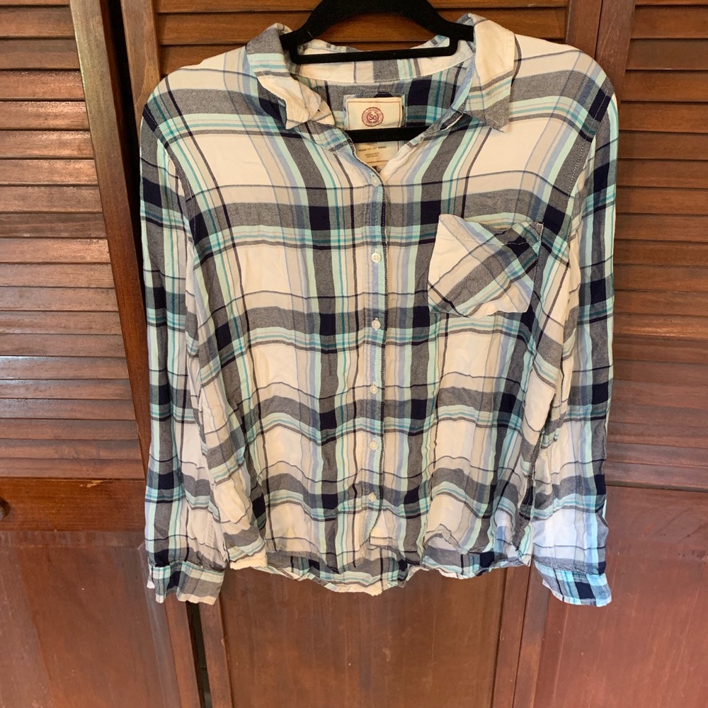 Aqua/Navy Plaid Button Down Shirt
